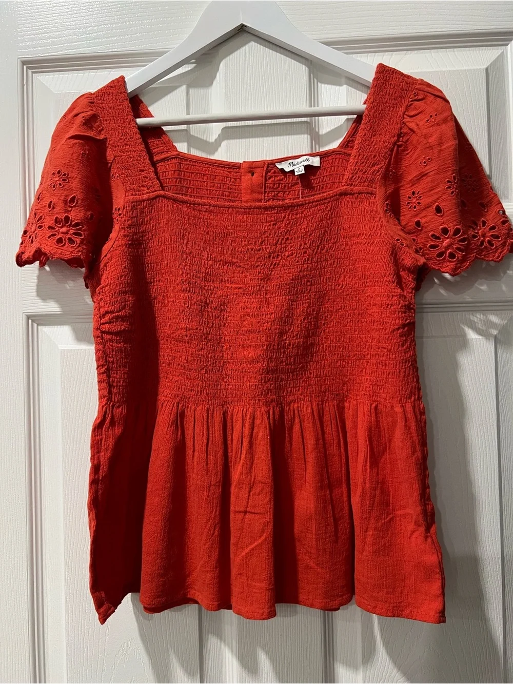 Madewell Burnt Orange Smocked Square-Neck Peplum Top